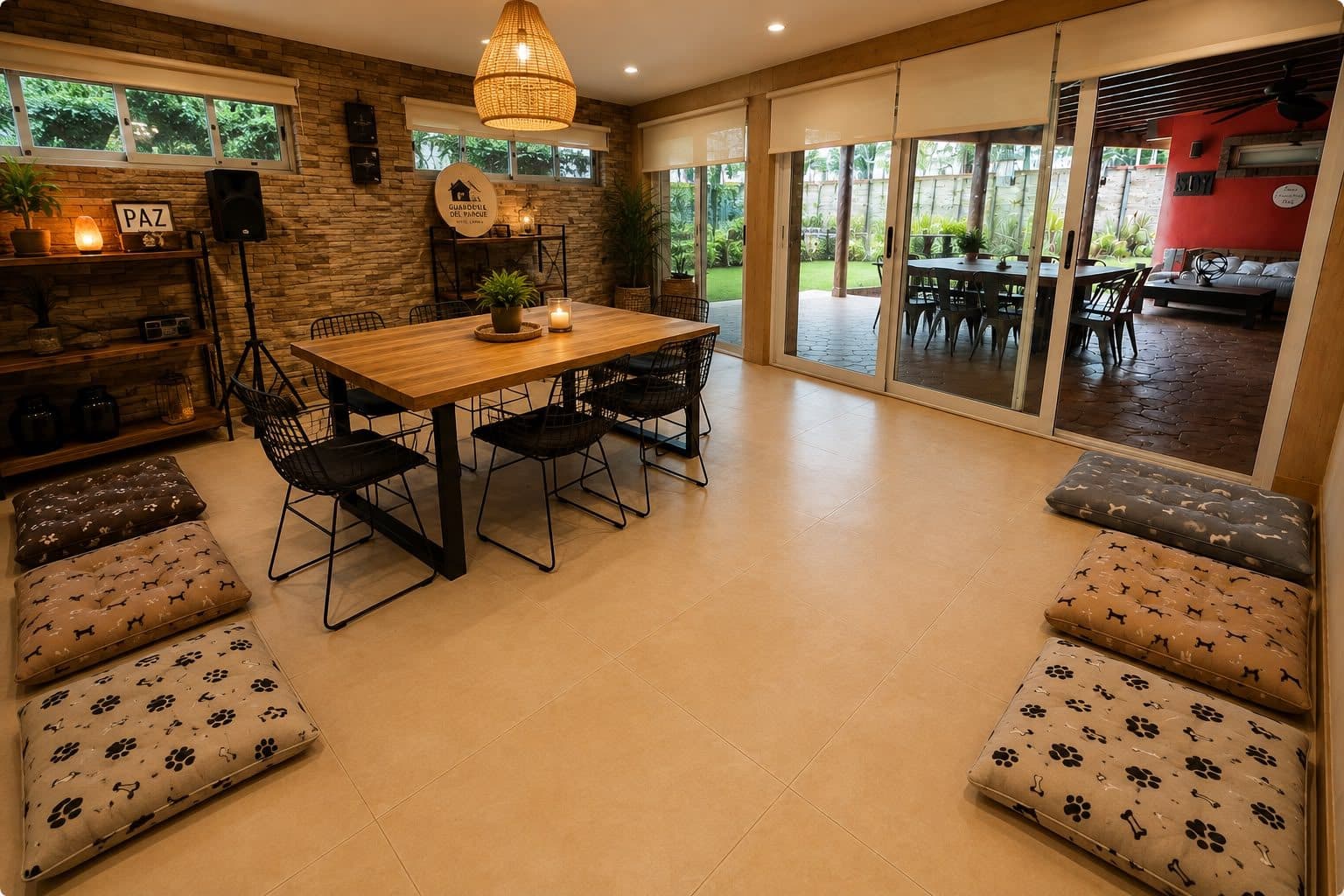 Salón interior con camas para los perros